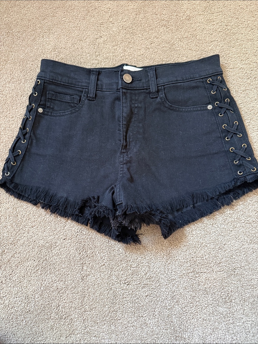High-Rise Black Lace-Up Frayed Denim Shorts